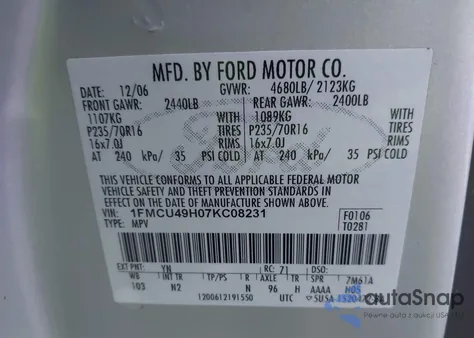 2007 Ford Escape Hybrid из США, поврежденный, VIN 1FMCU49H07KC08231